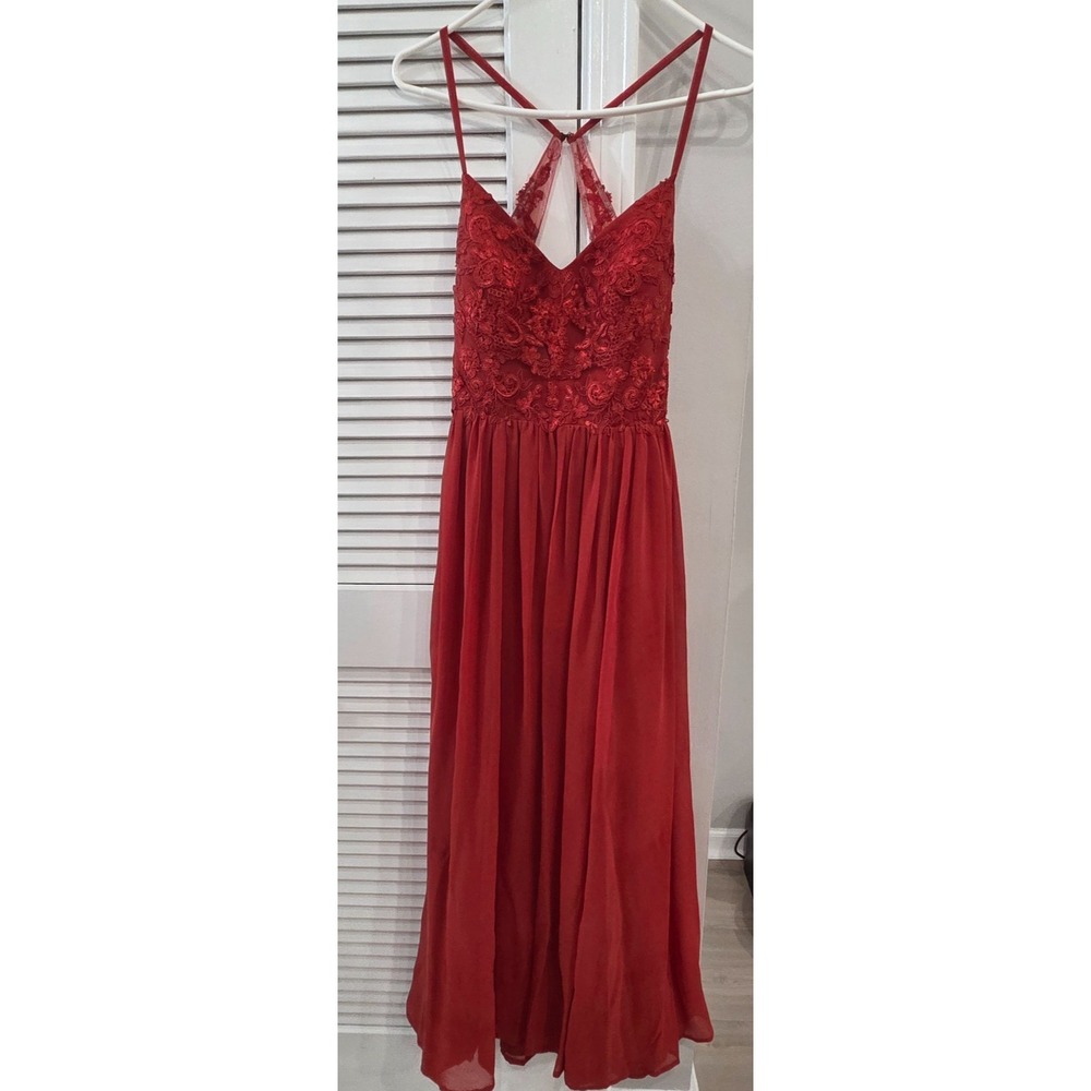AZAZIE Red Floral Dress with Lace Bodice & Spaghetti Straps Size A8